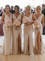 Chiffon Long Champagne Bridesmaid Dress Canada with Sexy High Slit and Front Ruffles