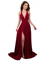 A-Line Halter Plunge V-Neckline Open Back Spandex Bridesmaid Dress Canada with Slit