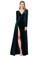 Deep V-Neck Long Sleeves Velvet Bridesmaid Dress Canada with High Side Split
