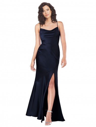 Draped Cowl Neck Silky Satin Bridesmaid Dress with Skirt Slit Canada