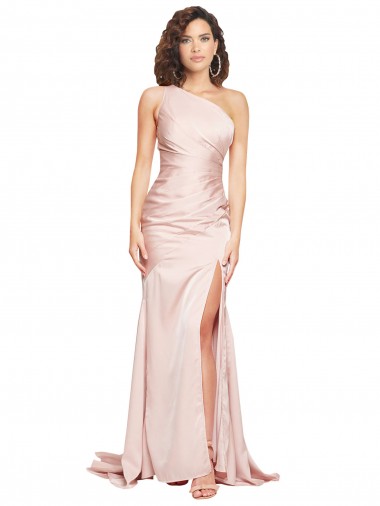 Full Length One Shoulder Long Silky Satin Bridesmaid Dress with High Split Canada