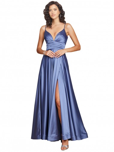 Deep V-Neck Sweetheart Long Silky Satin Bridesmaid Dress with Thigh High Slit Canada